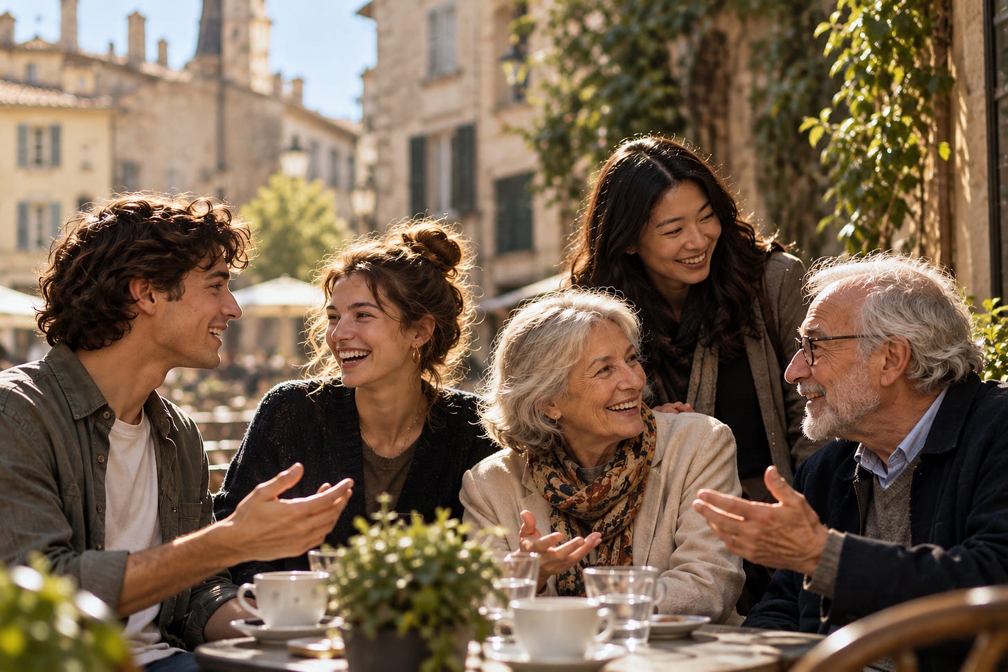 A multigenerational group enjoying a lively conversation at an outdoor café in a historic European town, reflecting connection across languages, cultures, and generations. A multigenerational group enjoying a lively conversation at an outdoor café in a historic European town, reflecting connection across languages, cultures, and generations.