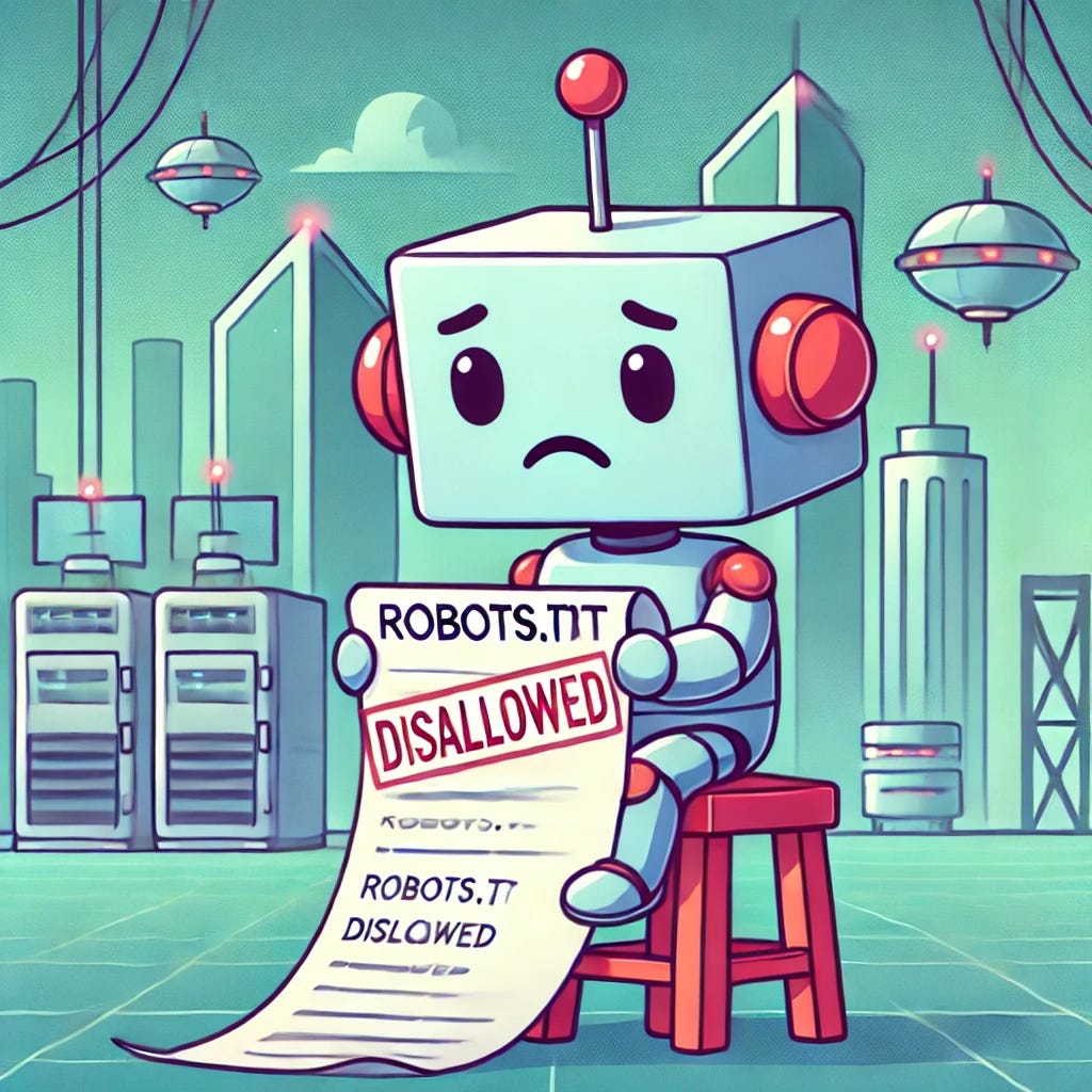 A cartoon of a disappointed robot sitting on a stool, holding a robots.txt file, with a sad expression on its face. The background shows a futuristic, minimalist cityscape with some web servers in the distance. The robots.txt file is visibly marked with 'Disallowed'. The robot has a boxy, friendly design with antennas drooping to emphasize disappointment. The scene is colorful and whimsical.