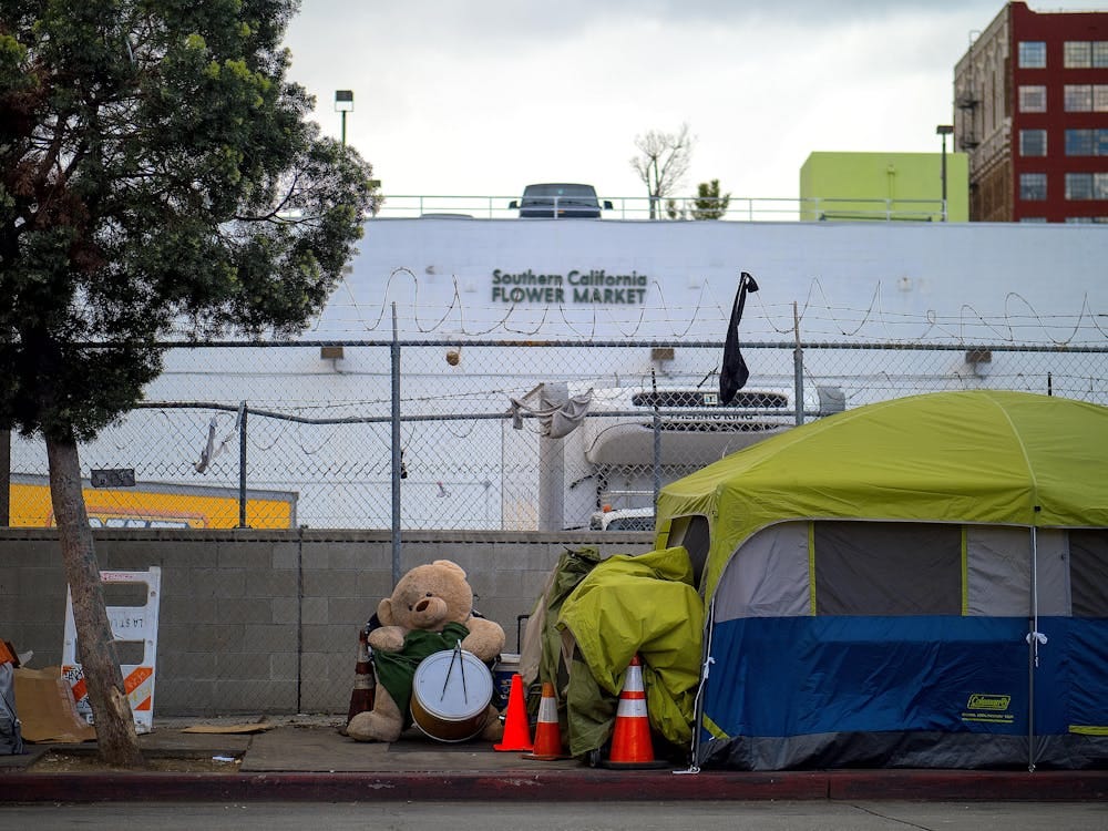 Free Street scene of homelessness in Los Angeles near Southern California Flower Market. Stock Photo