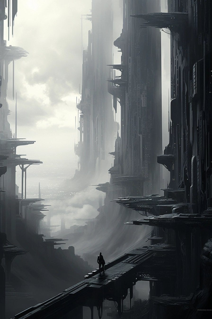 a futuristic city with long windswept towers, in the style of monochrome landscapes, soft mist, firecore, dusty piles, tenebrous, streamlined forms, dark white and black --ar 85:128 --v 5.2 a futuristic city with long windswept towers, in the style of monochrome landscapes, soft mist, firecore, dusty piles, tenebrous, streamlined forms, dark white and black --ar 85:128 --v 5.2