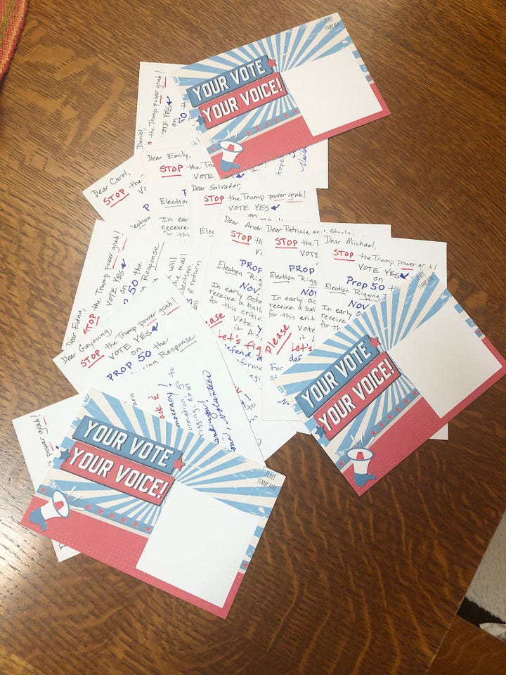 Tow images: postcards to voters asking for a ‘yes’ on California’s Prop 50; Alice in Wonderland talking to the Cheshire Cat. Cat: We are all mad here. Alice: At me?