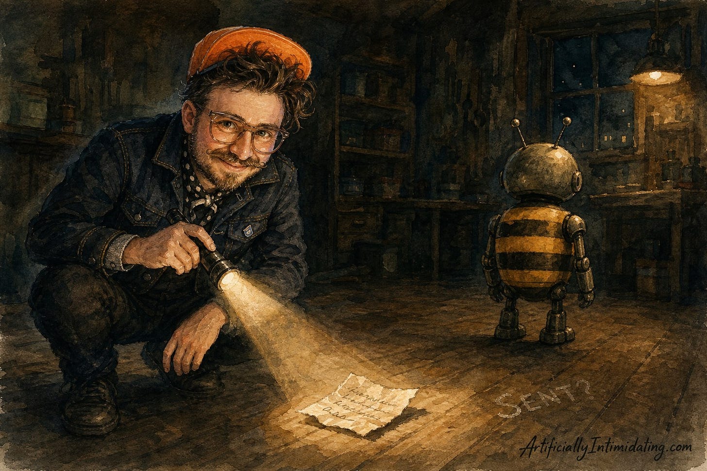 Watercolor illustration of the author crouching in a dark workshop with a flashlight, a crumpled message slip lit on the floor and a robot standing with its back turned, the word SENT? chalked on the floorboards.