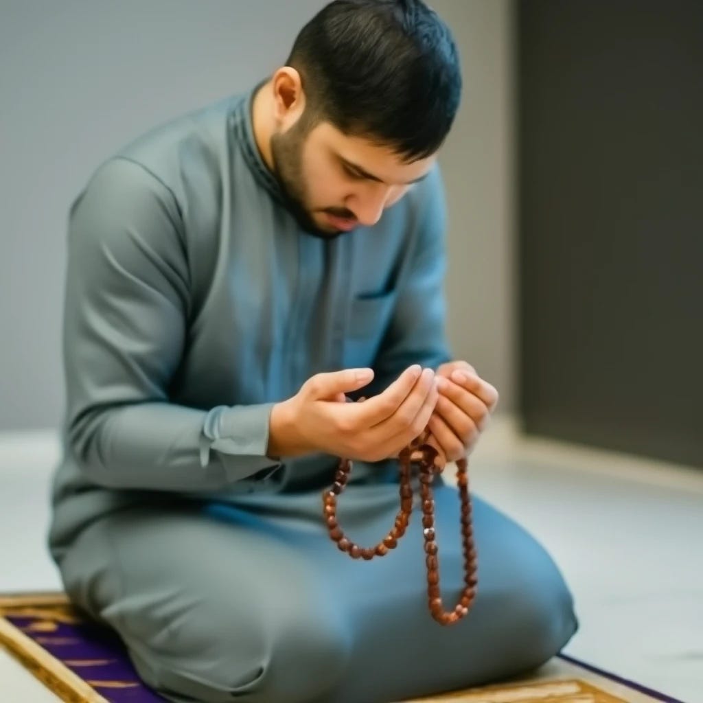 Muslim man praying with beads in hand