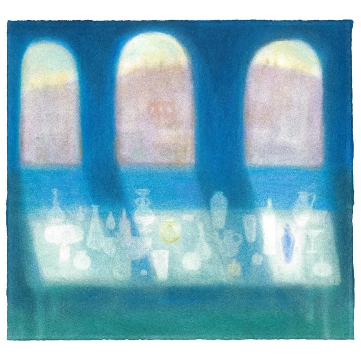 This may contain: there are four windows in the building that look like they have been painted blue and pink