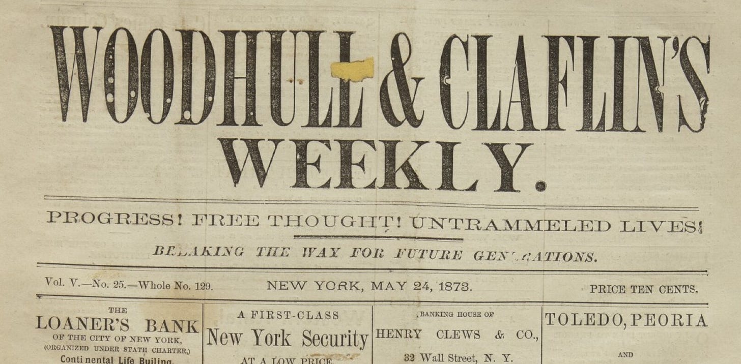 WOMEN'S SUFFRAGE) | Woodhull and Claflin's Weekly, Vol. V, No. 25 (Whole  No. 120). New York, May 24, 1873 | Fine Books and Manuscripts including  Property from the Eric C. Caren Collection | 2020 | Sotheby's