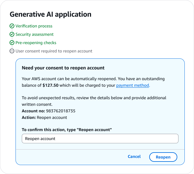 Cloudscape's authorization dialog: the AI describes the change, lists affected resources, and asks for confirmation before acting