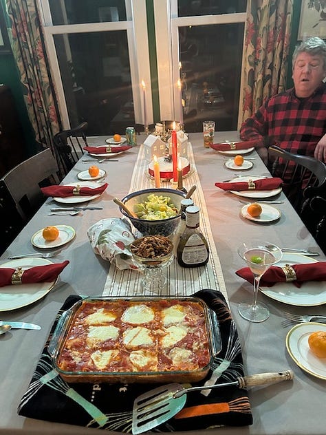 Holiday table setting, Cards Against Humanities, young man drinking coffee