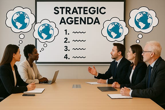 on the screen, and underneath the title 'strategic agenda', replace the image of a globe with 4 agenda items, numbered 1 through 4, each number followed by squiggle lines (to indicate general text that is not specified)