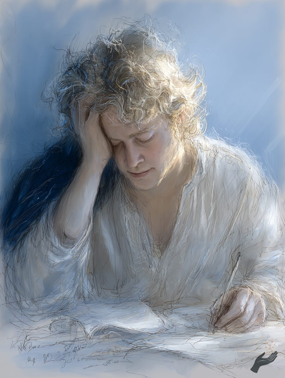 Pale blue and white painting of a seated person in a loose white top, head resting on one hand over paper on a table.