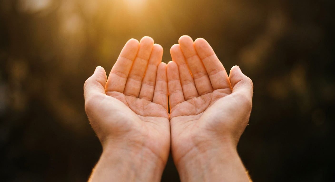 Open cupped hands in warm golden light, representing the act of giving that changes both giver and recipient — the tradition's account of what genuine generosity actually does to the self.