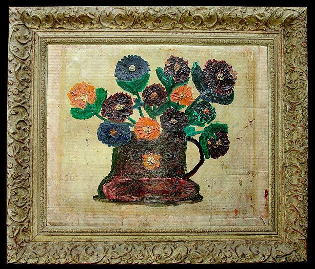 Clementine Hunter, Bowl of Zinnias, 1939, oil 