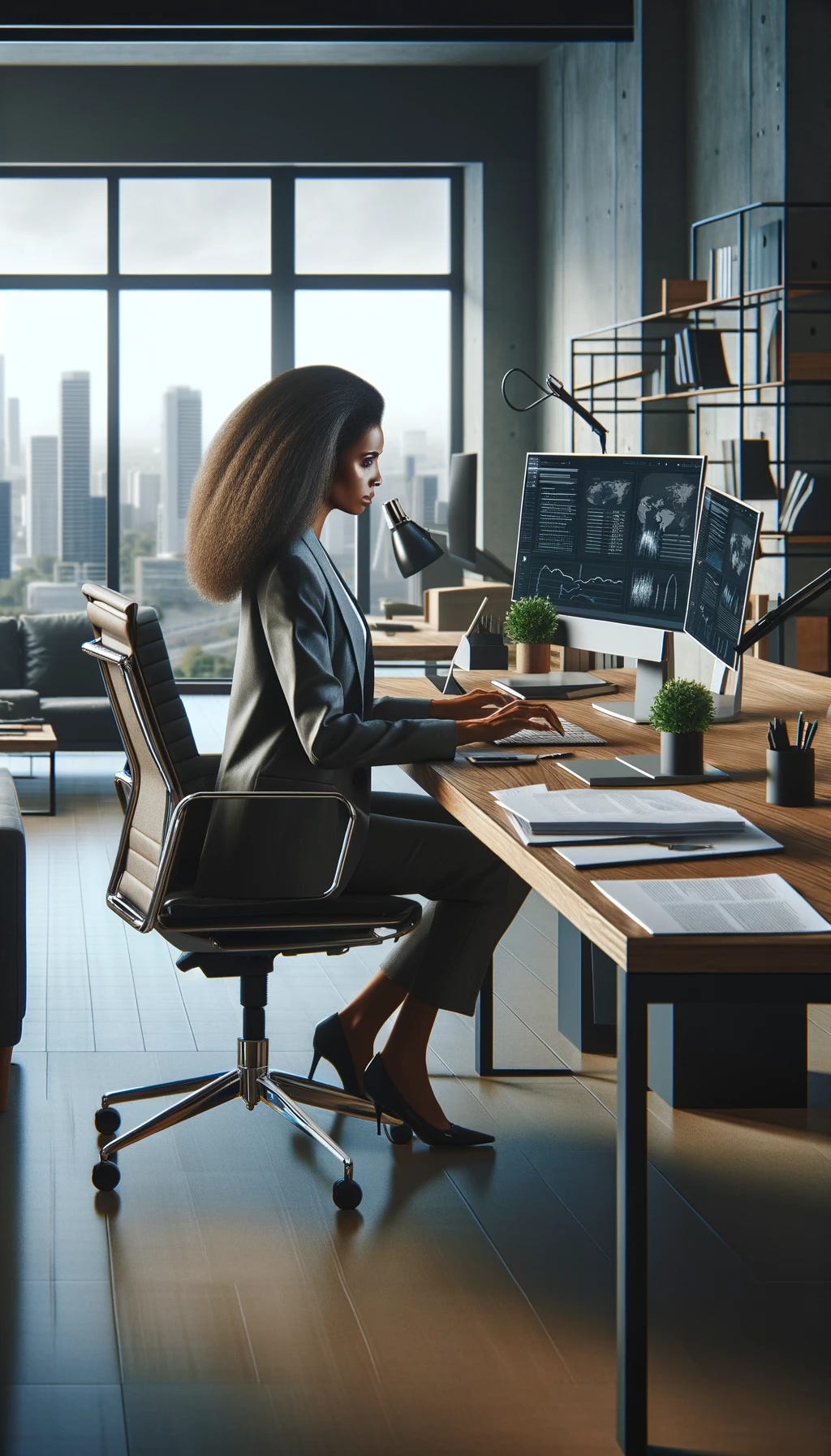 A full-body image of an African American woman working diligently at her desk in a modern, state-of-the-art office. She is focused on her work, with a determined expression. The office features cutting-edge equipment including dual monitors, an ergonomic chair, and a sleek desk. The room is spacious and well-lit, with large windows providing a panoramic view of the cityscape. The decor is contemporary, with minimalist furniture, green plants, and advanced technology. Her workspace is tidy, with neatly arranged documents, a laptop, and other work-related items.