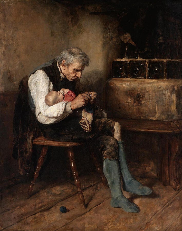 Elderly Man Knitting Beside a Baby Painting - Grandfather and Grandson by Nikolaos Gyzis