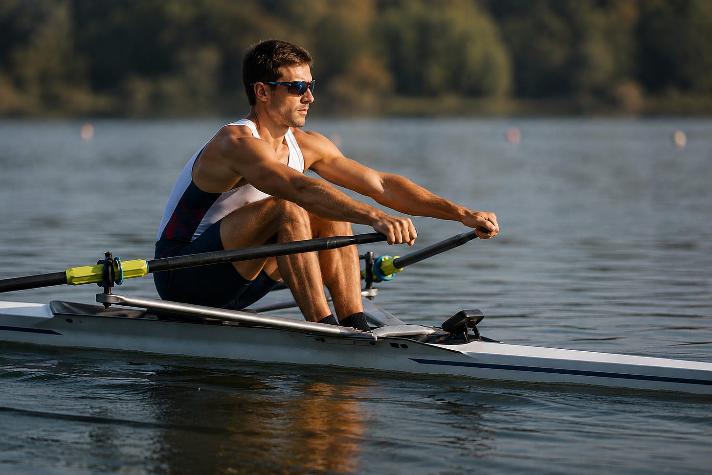 Focused rower in serene waters