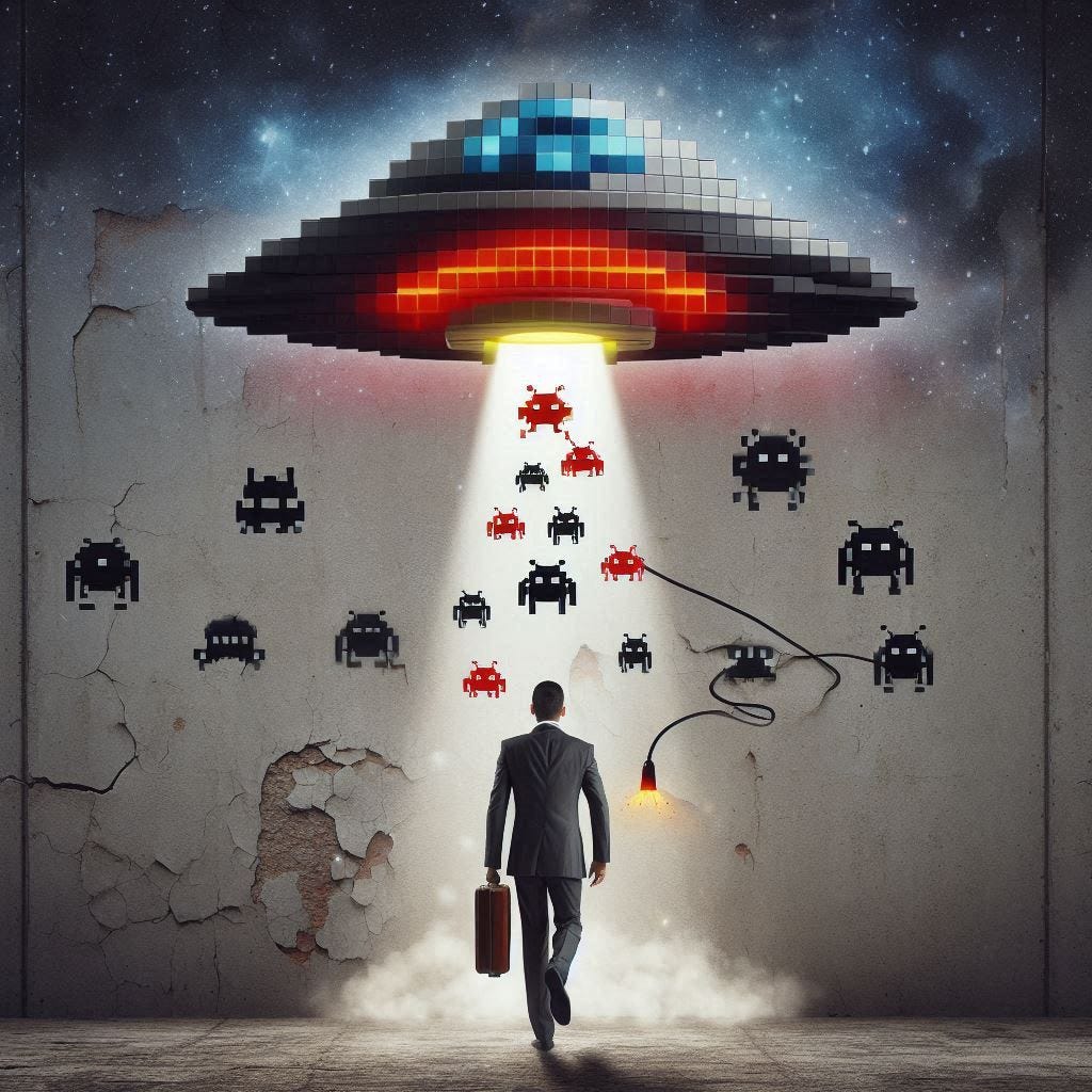 a UFO replacing the person behind the Space Invaders