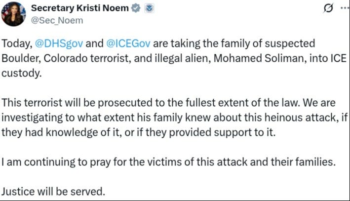 DHS Secretary Kristi Noem says Mohamed Soliman’s family is in ICE custody
