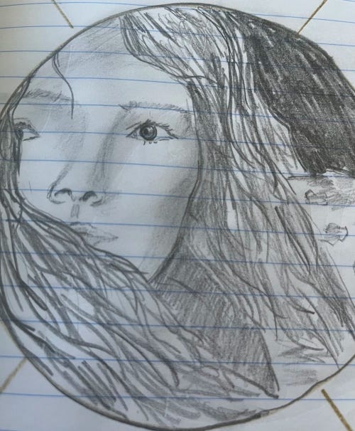 An artist's sketch, figure two, depicting a character in a subterranean setting. They are staring at something off the page.