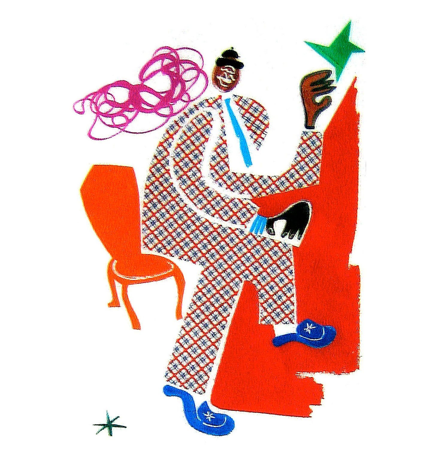 An illustration of a seated man in a suit reaching for a green star