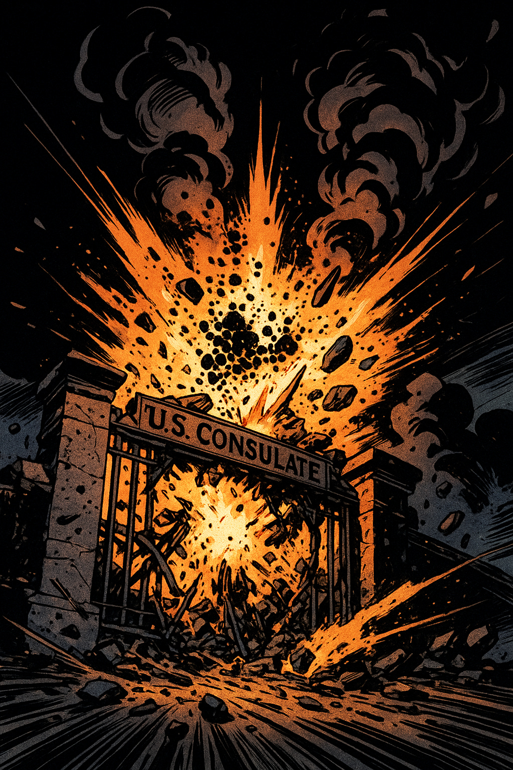 JACK KIRBY STYLE COMIC PANEL: Extreme lowangle shot looking up at the massive U.S. consulate gate in Benghazi as it EXPLODES in a catastrophic blast. The gate is torn apart by violent force, with jagged metal fragments and concrete chunks suspended in midair, frozen at the peak moment of destruction. KIRBY CRACKLE energy emanates from the explosion epicenter those iconic black dots radiating outward in cosmic patterns. Thick plumes of smoke billow upward in bold, geometric shapes with hard edges and dramatic curves. The blast creates intense chiaroscuro lighting brilliant orange and white flames contrasting against deep black shadows and dark night sky. Debris field spreads outward in dynamic diagonal compositions. The destroyed gate section shows a gaping hole with twisted rebar and shattered masonry rendered in Kirby's characteristic bold, chunky linework. Speed lines and motion blur suggest violent kinetic energy. Dramatic perspective distortion makes the explosion feel massive and overwhelming. Heavy black inking creates powerful shadows. The scene conveys epic scale and devastating force through exaggerated proportions and theatrical staging, capturing the terrifying moment of the June 6, 2012 attack with Kirby's signature bombastic visual language heroic scale applied to a tragic realworld event, emphasizing the raw power and danger of the explosion while maintaining documentary authenticity of the gate breach incident. Jack Kirby comic book art style, dynamic composition, bold inking, dramatic angles, high contrast black and white with color accents, 1960s Marvel Comics aesthetic, Kirby dots energy effects.png