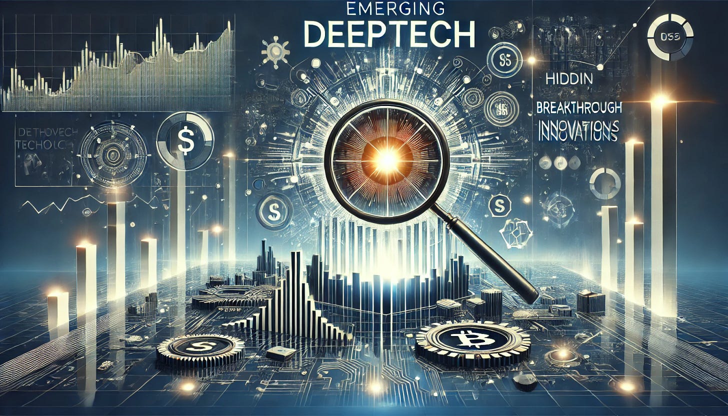A futuristic and high-tech illustration representing emerging deeptech innovations. Show abstract glowing technology elements, futuristic financial graphs, and hidden breakthrough innovations being unveiled. The scene should convey discovery, investment potential, and cutting-edge advancements with a sleek, modern aesthetic. Horizontal layout.