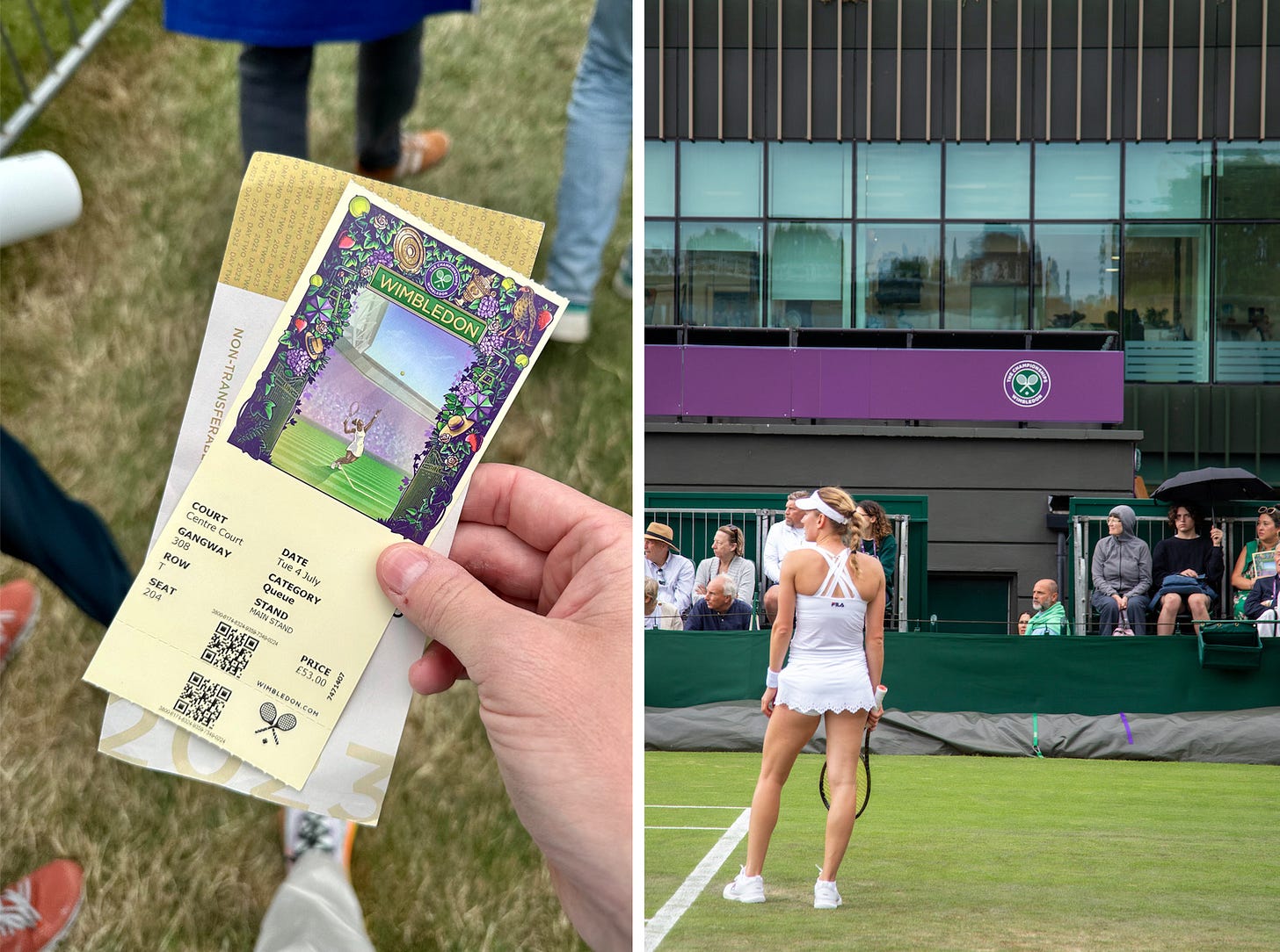 Left, a Centre Court ticket and Queue Card held on the grass at Wimbledon Park. Right, a player on an outside court seen from a few feet away in the front row.