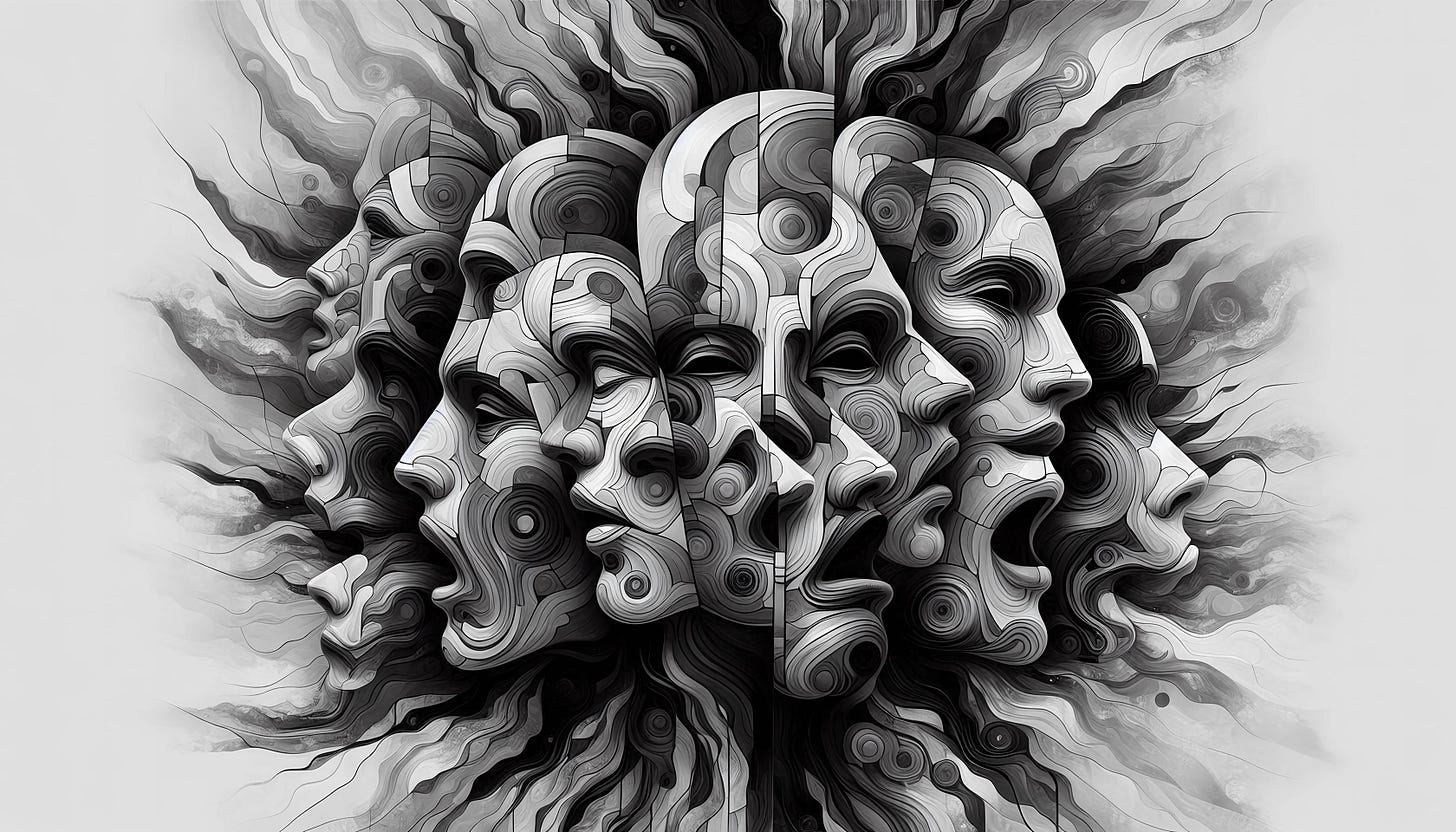 AI art of many human faces in stylized black and white
