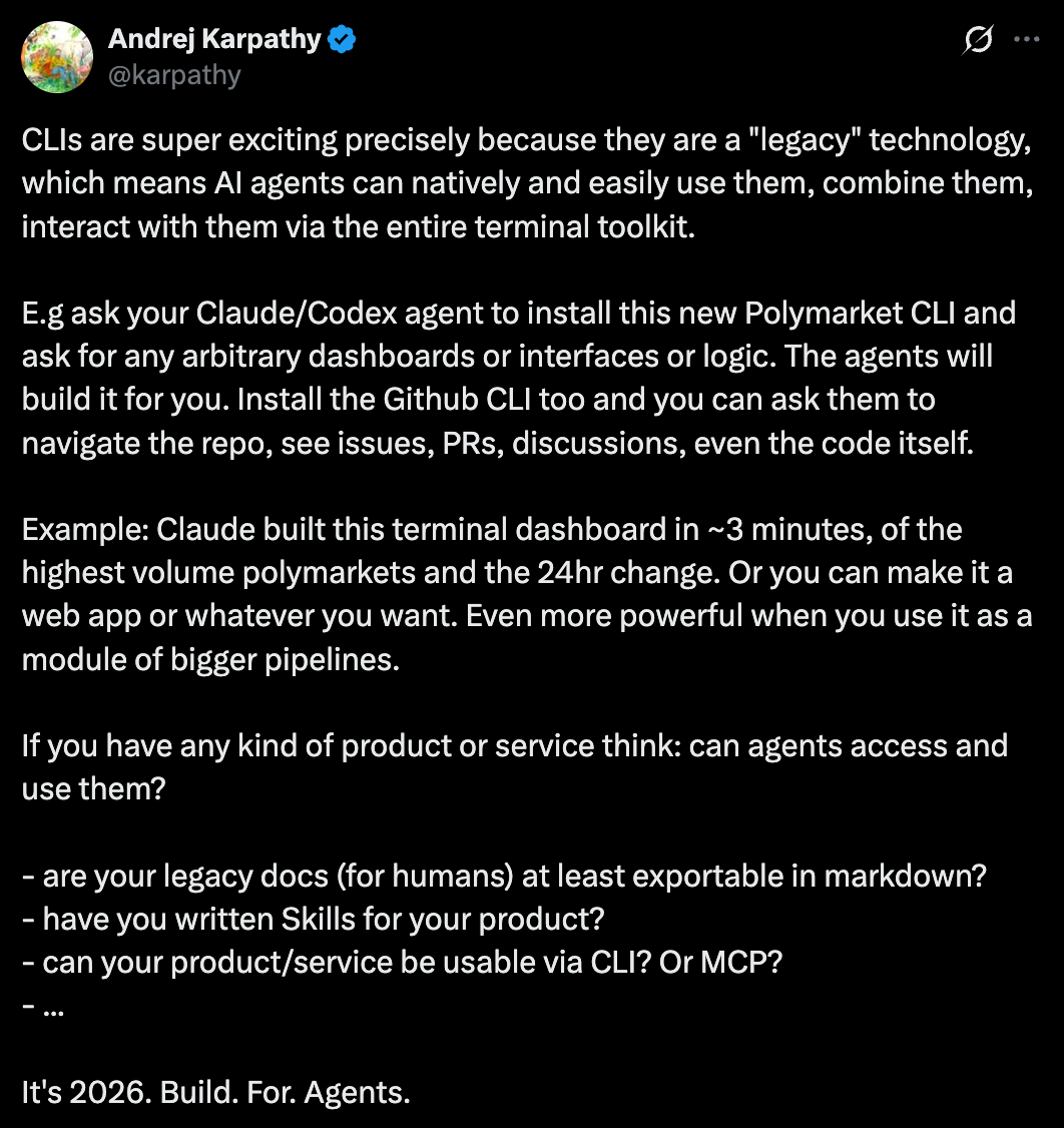 A tweet by Andrej Karpathy where he used Polymarket CLI to build his own dashboard