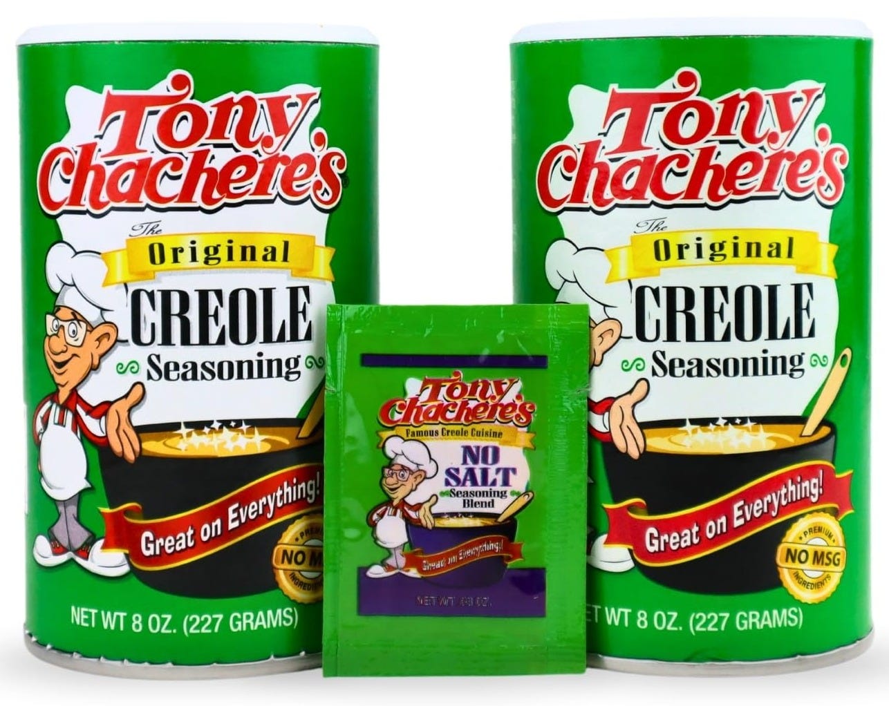 Tony Chachere's Creole and Cajun Seasoning Canisters 2 packs and 1 packet on a white background Tony Chachere's Creole and Cajun Seasoning Canisters 2 packs and 1 packet on a white background
