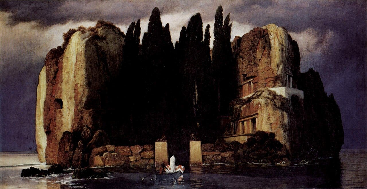 A boat approaching a dark island of cypress trees A boat approaching a dark island of cypress trees