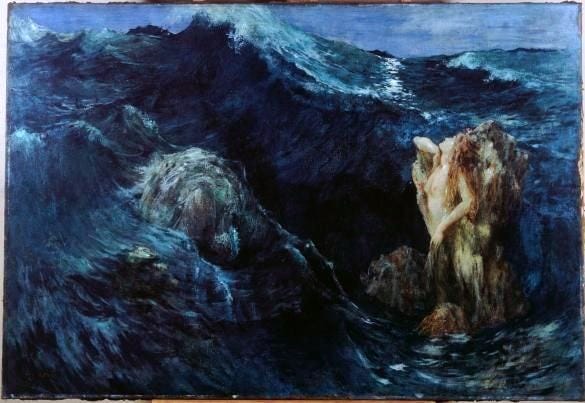 This may contain: a painting of a woman standing on top of a rock in the ocean This may contain: a painting of a woman standing on top of a rock in the ocean