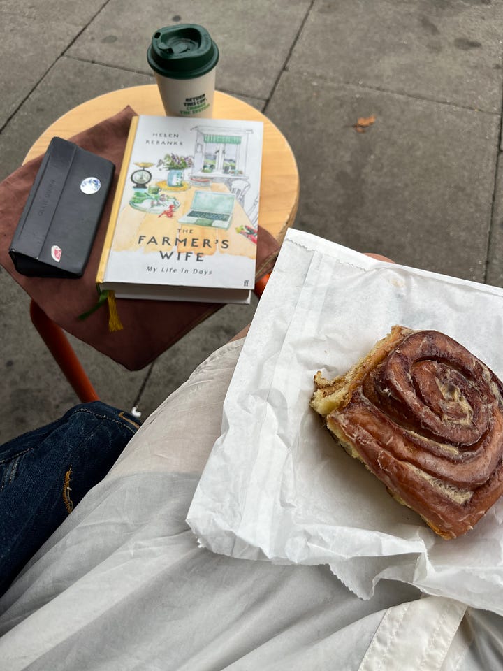 1. Books: Rooted, Unearthed, Rootbound and Why Women Grow; 2. Reading The Farmer's Wife with a coffee and bun.