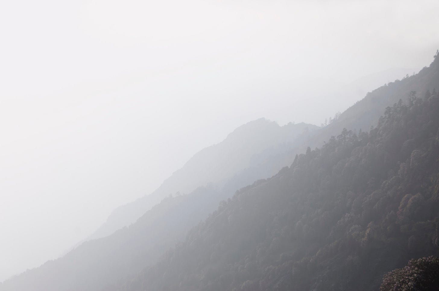 Misty sky with misty hills rising to the right