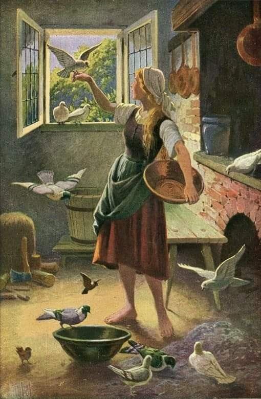 This may contain: a painting of a woman feeding birds in a kitchen