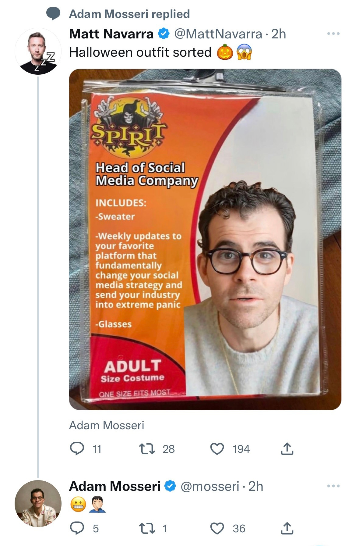 Tweet from Matt Navarra featuring Halloween costume of Adam Mosseri Tweet from Matt Navarra featuring Halloween costume of Adam Mosseri