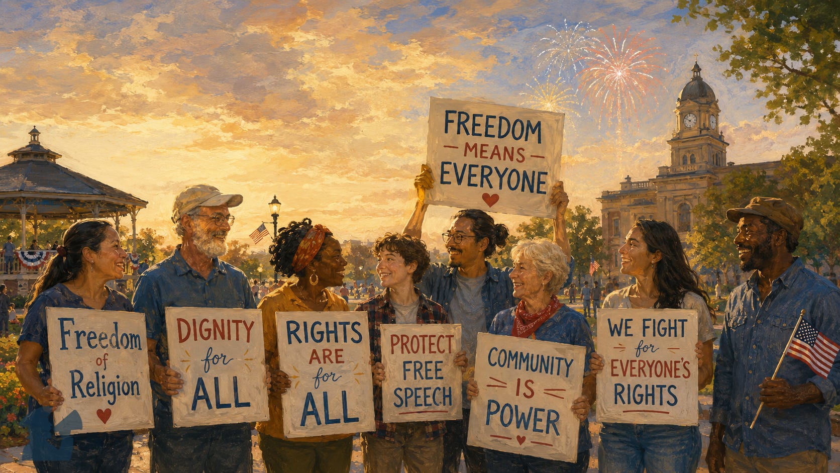 A warm painterly scene of diverse neighbors gathered peacefully at golden hour with handmade signs about freedom and rights, with subtle Fourth of July colors and soft fireworks in the sky. A warm painterly scene of diverse neighbors gathered peacefully at golden hour with handmade signs about freedom and rights, with subtle Fourth of July colors and soft fireworks in the sky.