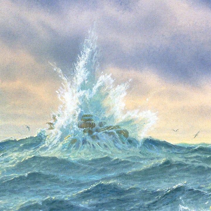 LEFT: Background detail from FORTITUDE featuring stormy waters as a wave crashes into a tiny island. The violent upward spray envelops ammonite fossils. BIrds soar around it just above a horizon disturbed by undulating seas.  RIGHT: Figure detail from FORTITUDE featuring a man standing on an island made of broken ammonite fossils. Naked with a long white scarf loosely winding around him, he holds an uprooted tree with two hands like a staff in front of him, bracing for the waves to come.