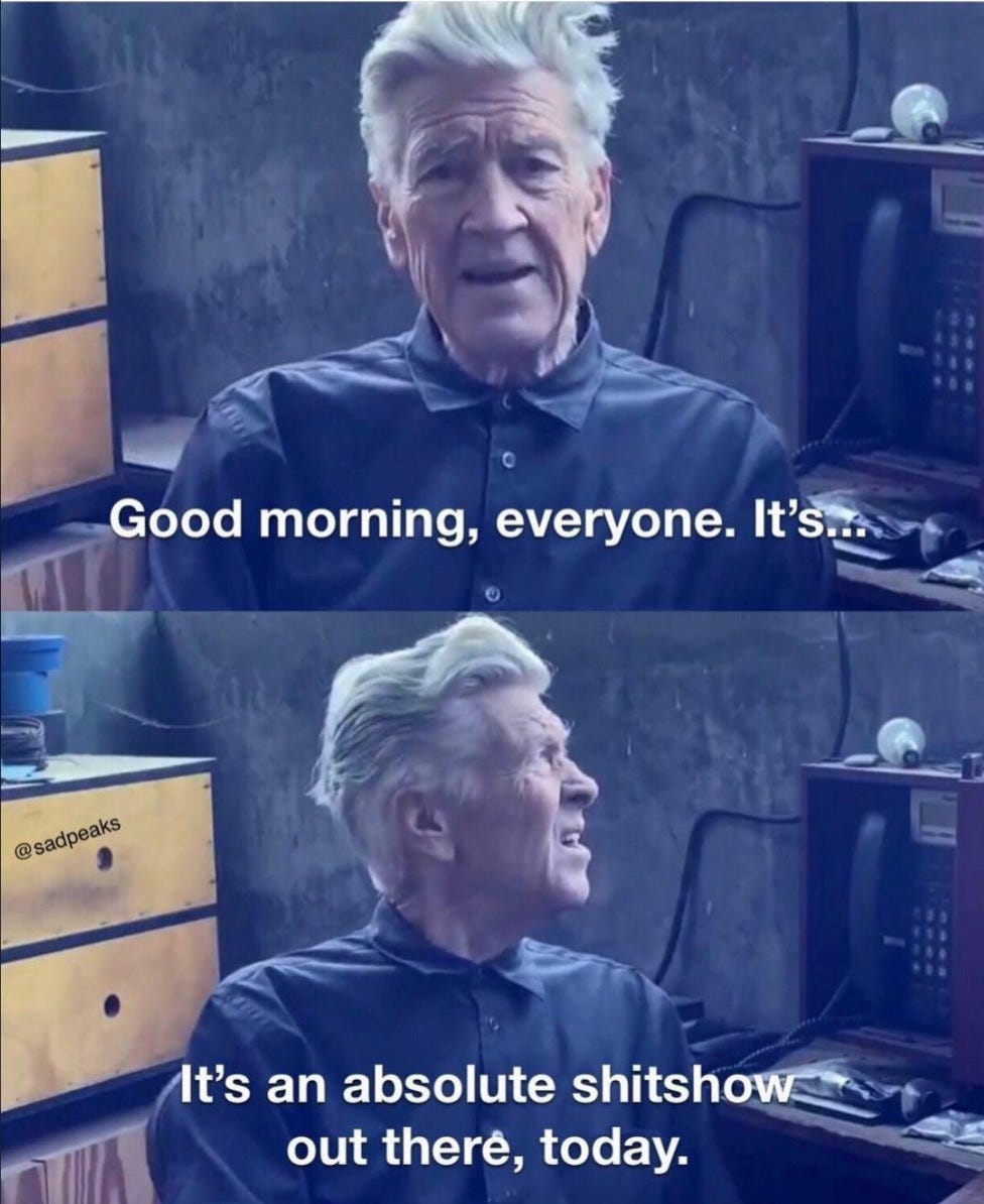 David Lynch saying “Good morning, everyone. It’s… It’s an absolute shitshow out there, today.” David Lynch saying “Good morning, everyone. It’s… It’s an absolute shitshow out there, today.”