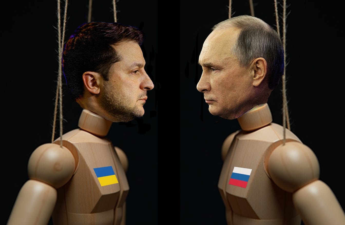 Surreal depiction of Zelenskyy and Putin as wooden marionettes on strings, facing off on a dark theater stage.