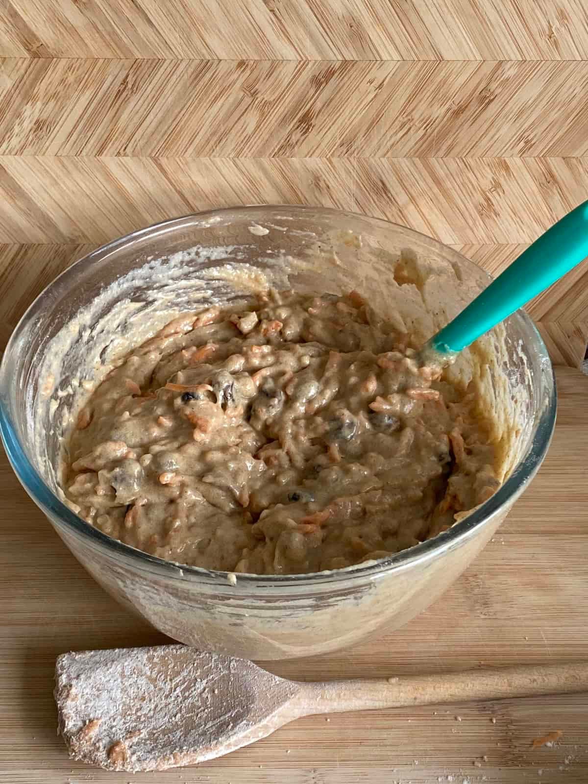Carrot cake mixture in a glass bowl. Carrot cake mixture in a glass bowl.
