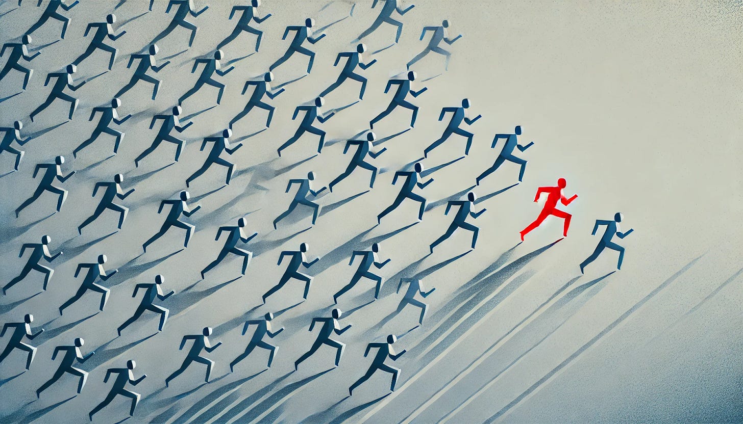 Create a visually impactful horizontal minimalist illustration depicting the concept of 'herd mentality.' Composition: Horizontal layout with multiple simplified human silhouettes running uniformly from left to right, rendered in muted shades of grey and blue-grey, symbolizing conformity. One single figure, colored in vivid red, is moving distinctly in the opposite direction, clearly differentiated and isolated from the group, representing independence and critical thinking. The background should be clean, minimal, featuring subtle gradients or geometric patterns enhancing directionality and minimalism. The overall style is modern, sleek, professional, and symbolic, emphasizing contrast and clear directional movement. Aspect ratio: 16:9.