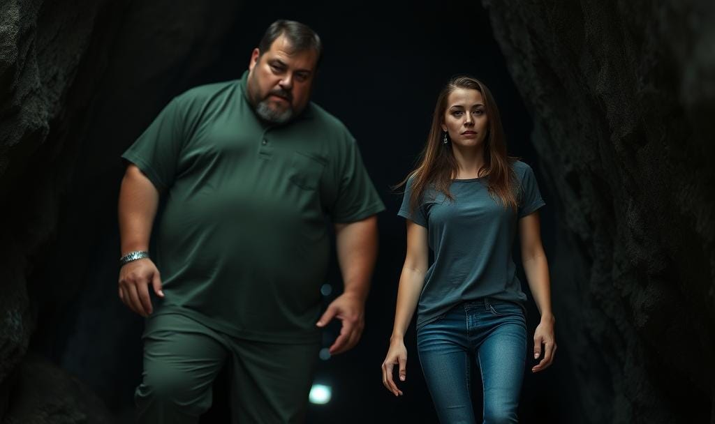 a large man in green clothing and a frightened, young, skinny woman in tshirt and jeans enter a dark cave