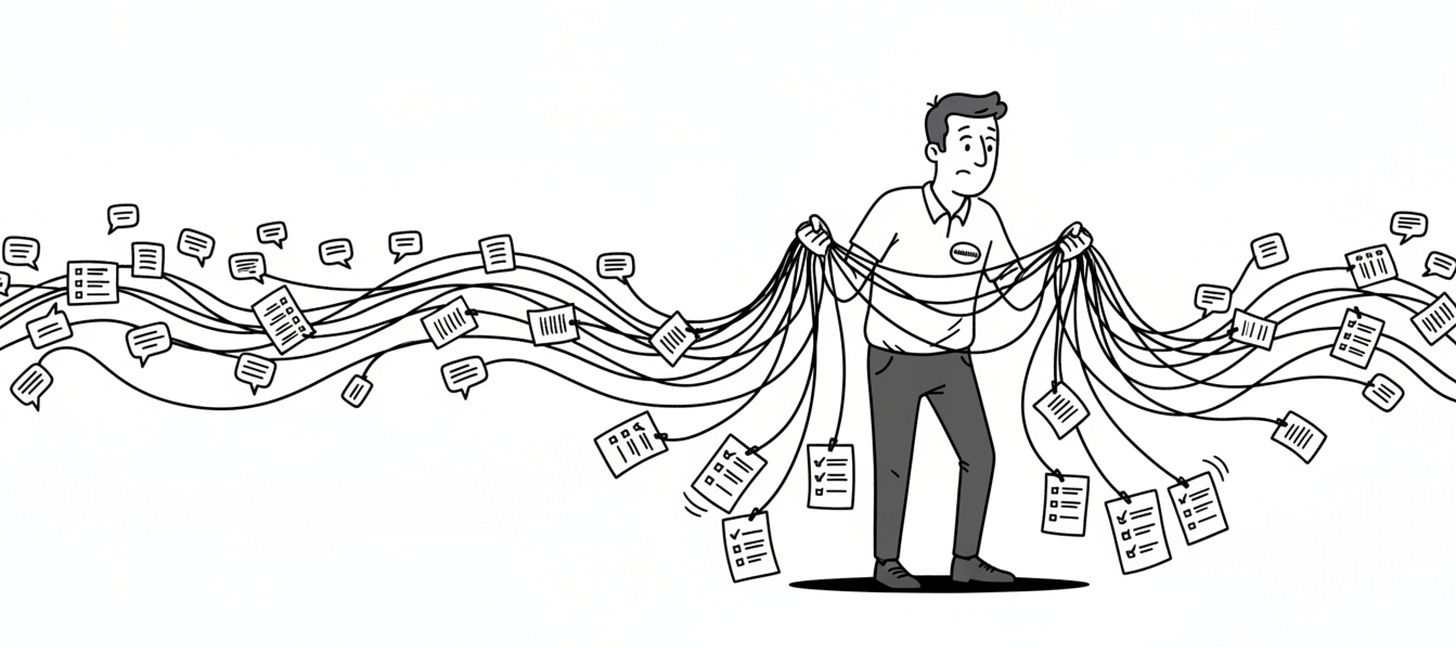 A manager holds leashes connected to many floating checklists, symbolizing one person supervising countless AI agents.