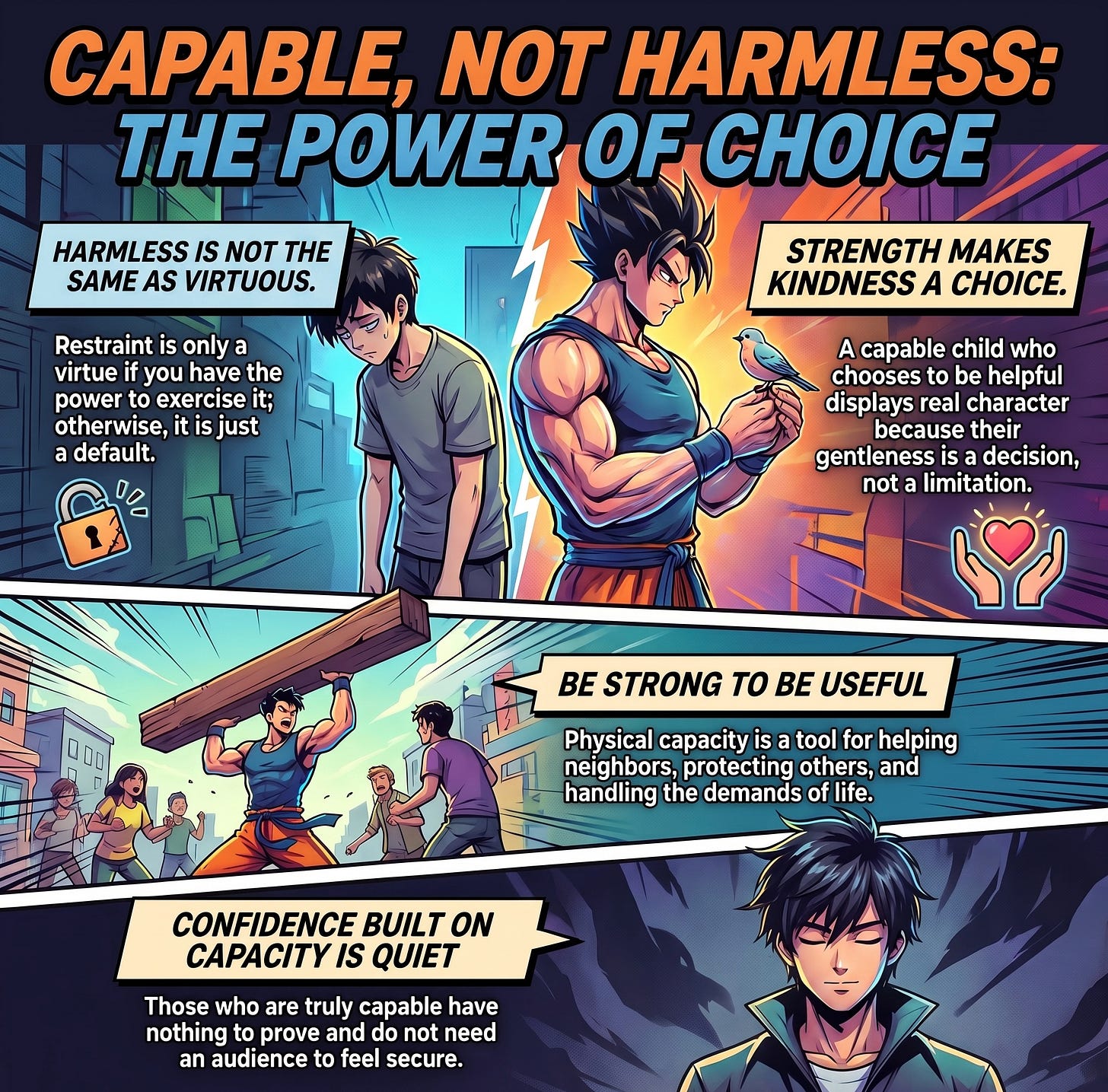 Anime-style infographic titled Capable, Not Harmless: The Power of Choice, illustrating four ideas from Mighty Oak Athletic: harmless is not the same as virtuous, strength makes kindness a choice, be strong to be useful, and confidence built on capacity is quiet