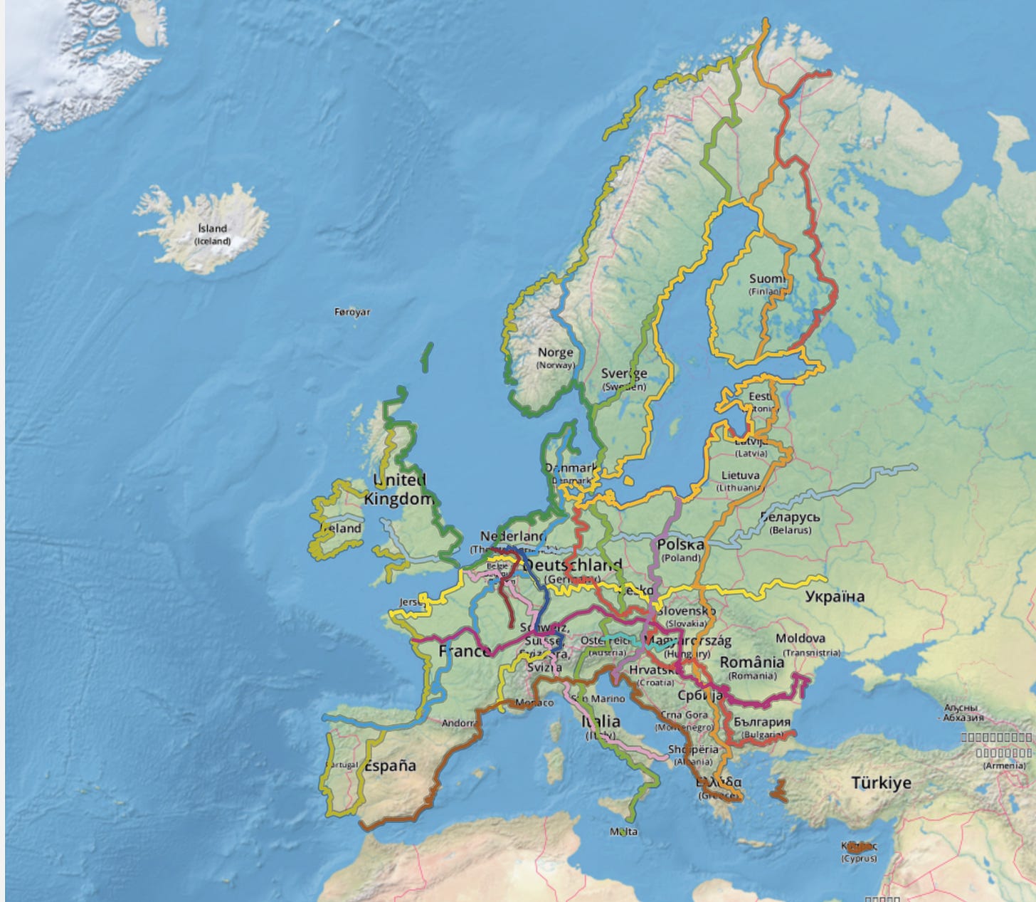 A map of Europe traversed by many colorful lines depicting bike routes