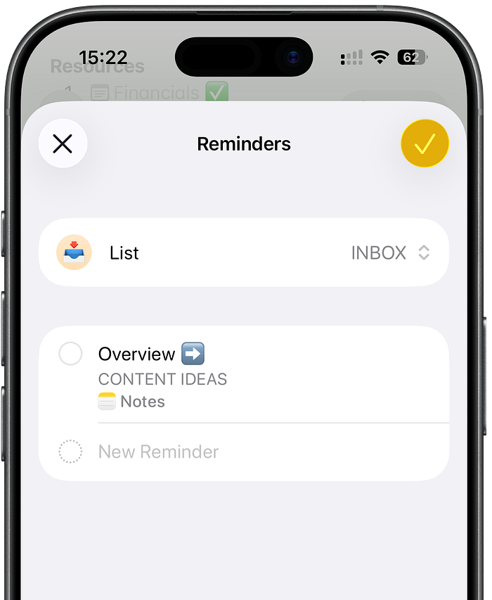 Apple Reminders add sheet on iPhone showing a task linked back to an Apple Notes note for project context. Apple Reminders add sheet on iPhone showing a task linked back to an Apple Notes note for project context.