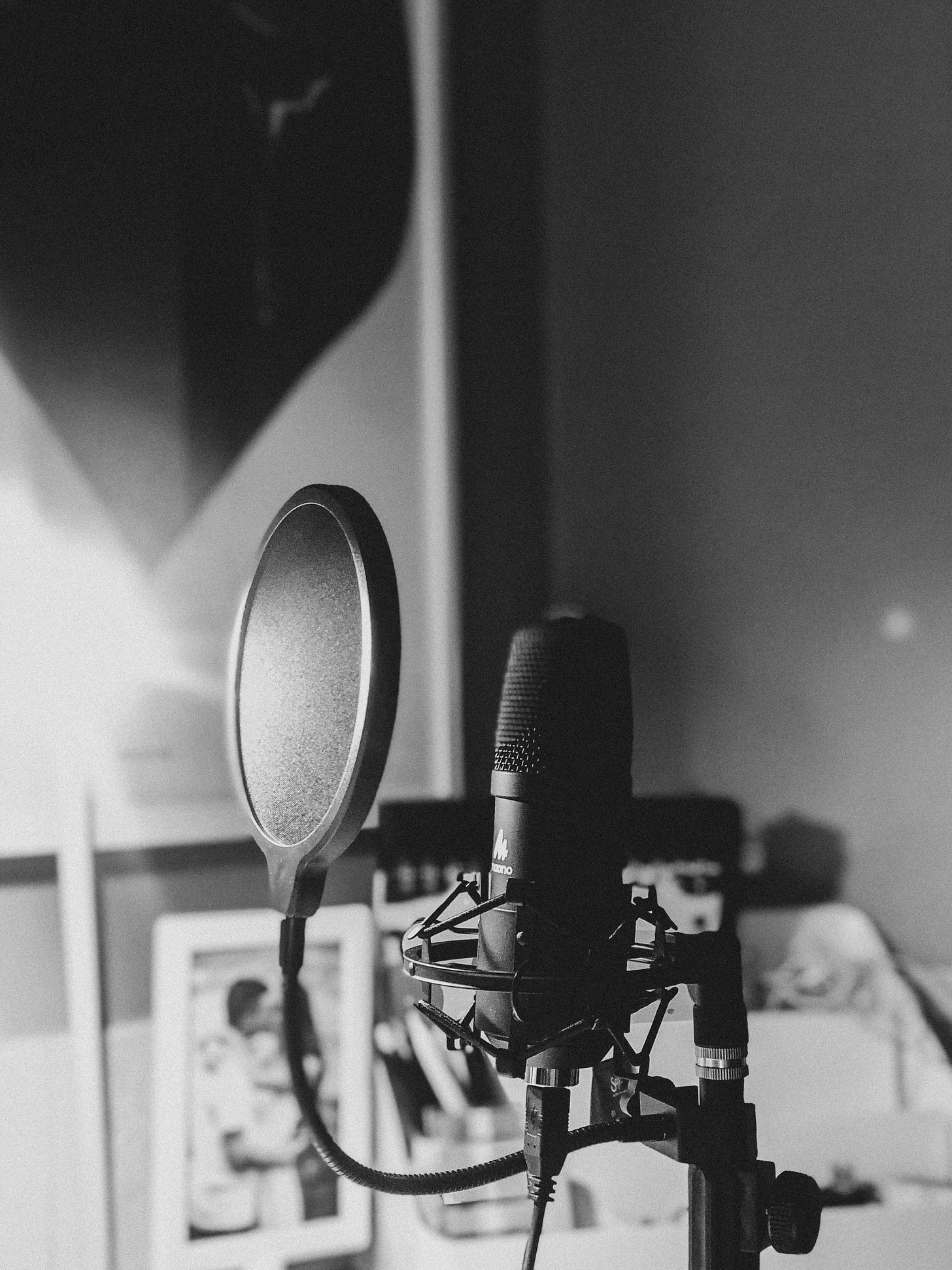 Close-up of a professional podcast microphone with a pop filter in a dimly lit home studio. Close-up of a professional podcast microphone with a pop filter in a dimly lit home studio.