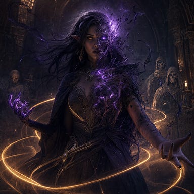 Patrina mid‑transformation, half elf and half lich: a dusk‑elf woman with dusky skin and raven hair, one half of her face still elven and beautiful, the other half cracking with violet necrotic light. Her eyes glow unevenly—one warm and mortal, the other cold and lich‑bright. Shadow peels from her body in ribbons as amber light coils around her. The scene is Barovian Gothic, set in the Amber Temple, with transformation frozen at its most dramatic moment.