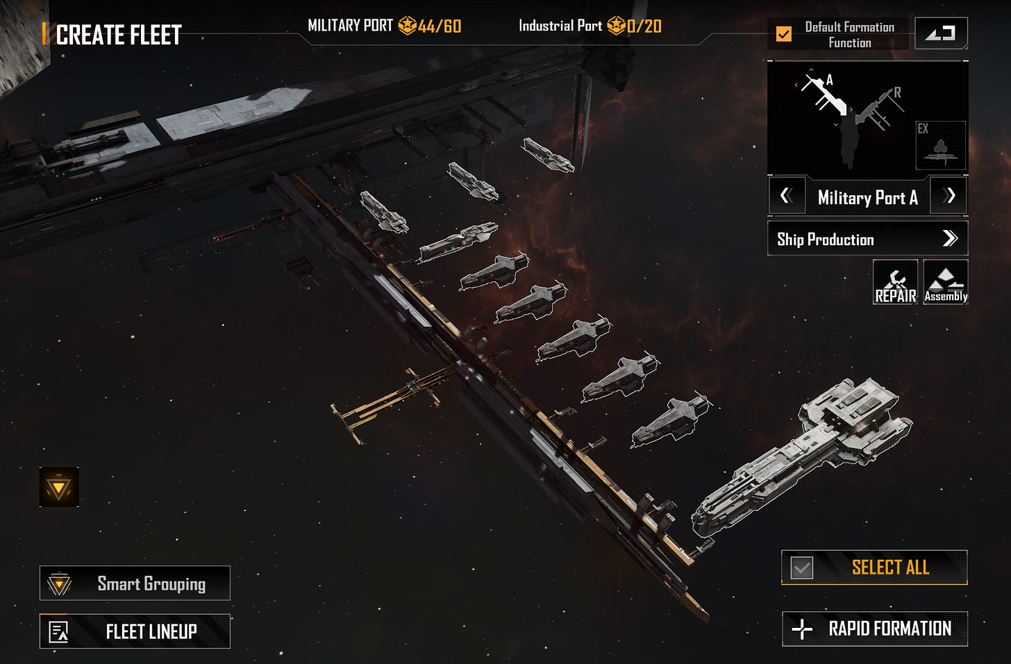A space strategy game “Create Fleet” screen shows a large orbital shipyard with multiple gray warships lined up beside a docking structure against a starfield and nebula. UI elements display “Military Port 44/60,” “Industrial Port 0/20,” a mini-map labeled “Military Port A,” and buttons for “Ship Production,” “Repair,” “Assembly,” “Smart Grouping,” “Fleet Lineup,” “Select All,” and “Rapid Formation.”