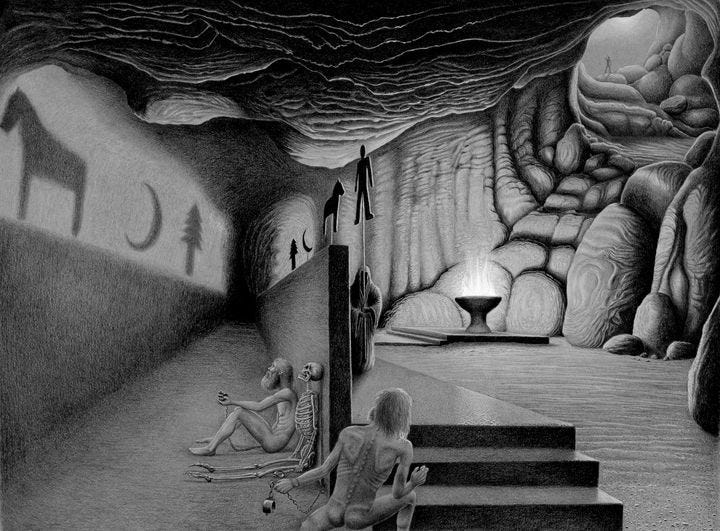 This may contain: a black and white drawing of people sitting on steps in front of a cave with stairs leading up to them This may contain: a black and white drawing of people sitting on steps in front of a cave with stairs leading up to them