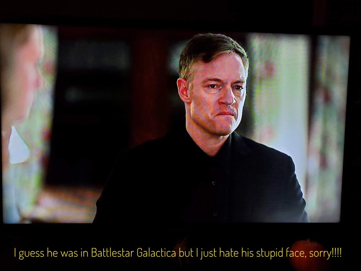 The pastor ferociously frowning, captioned "I guess he was in Battlestar Galactica but I just hate his stupid face, sorry!!!!"